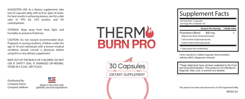 Thermoburn Pro Supplement Facts Label — Full Ingredient Panel